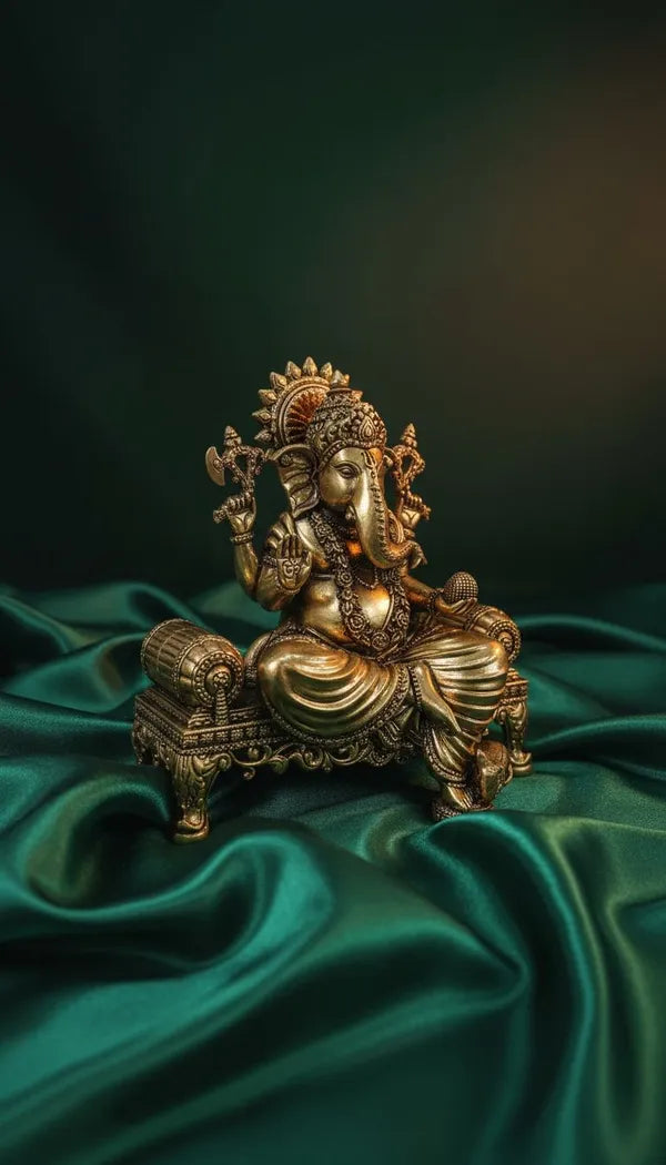Brass Lord Ganesha Seated On Throne Idol 7.6 cm