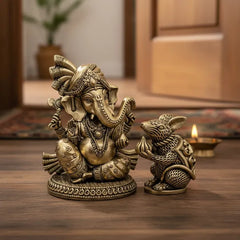 Brass Lord Ganesha With Mouse Idol 12.7 cm