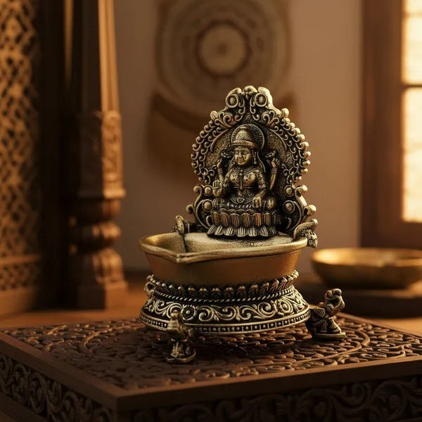 Brass Goddess Lakshmi Diya with Ornate Prabhavali 7.6 cm