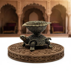 Brass Turtle Oil Lamp with Leaf-Shaped Bowl