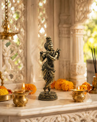 Brass Lord Krishna Playing Flute Idol 15.2 cm