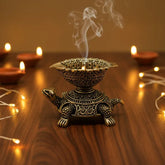 Brass Turtle Oil Lamp with Leaf-Shaped Bowl