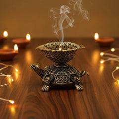 Brass Turtle Oil Lamp with Leaf-Shaped Bowl