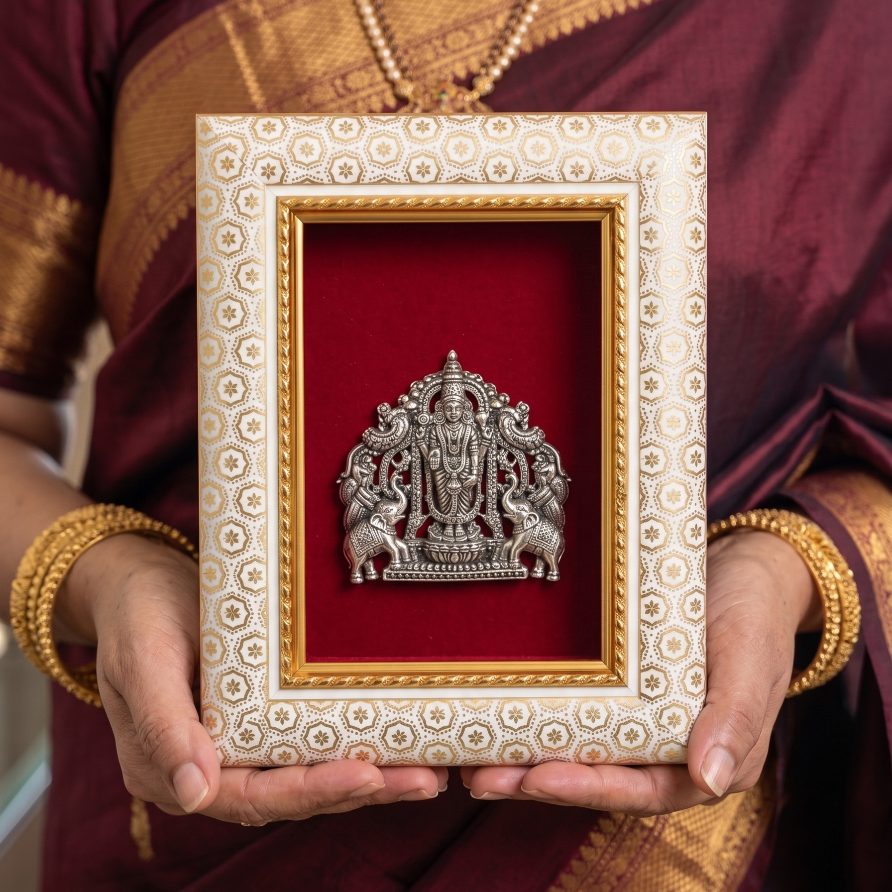 Lord Venkatesh With Maa Lakshmi Brass Idol Frame Silver Plated 8 x 6 inch