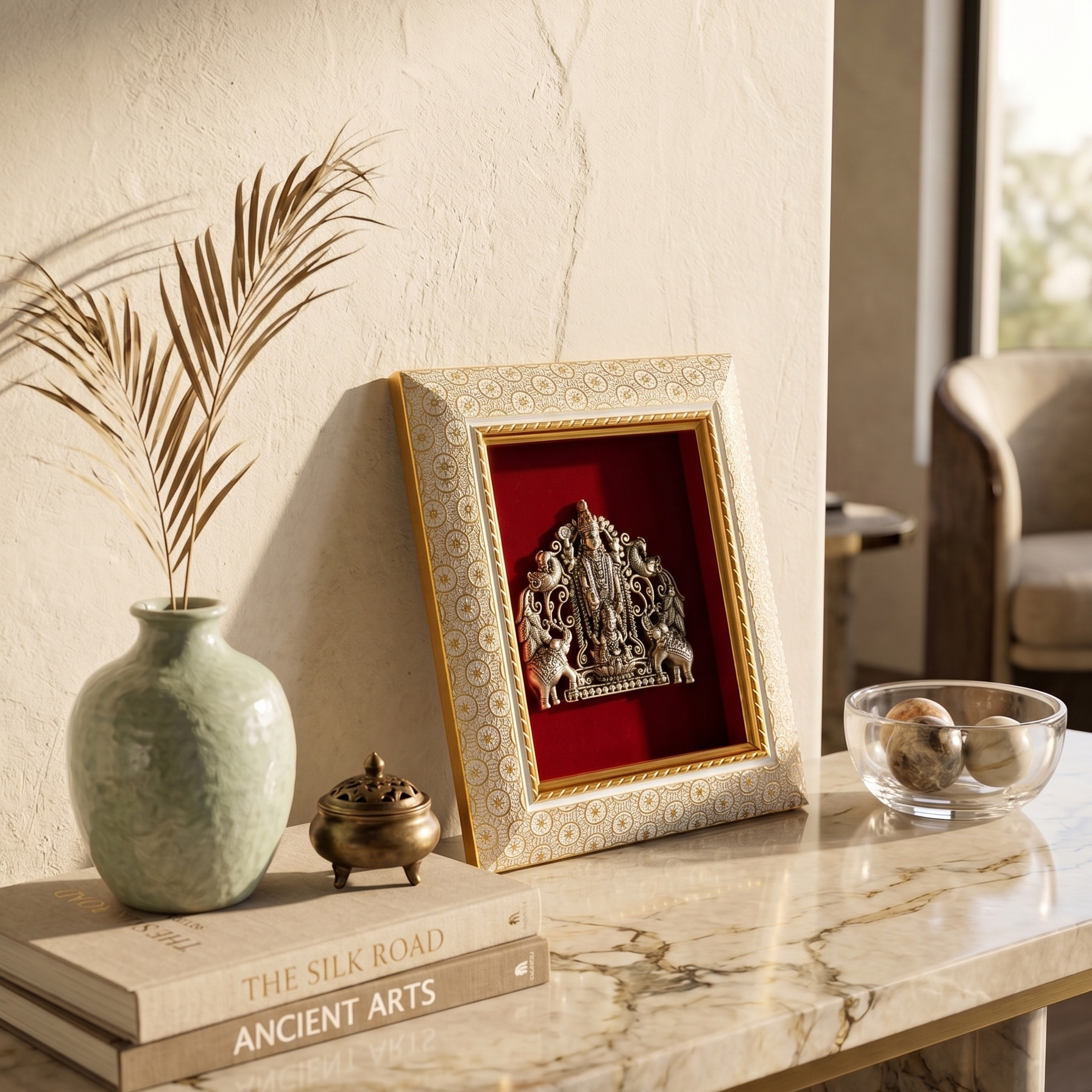 Lord Venkatesh With Maa Lakshmi Brass Idol Frame Silver Plated 8 x 6 inch