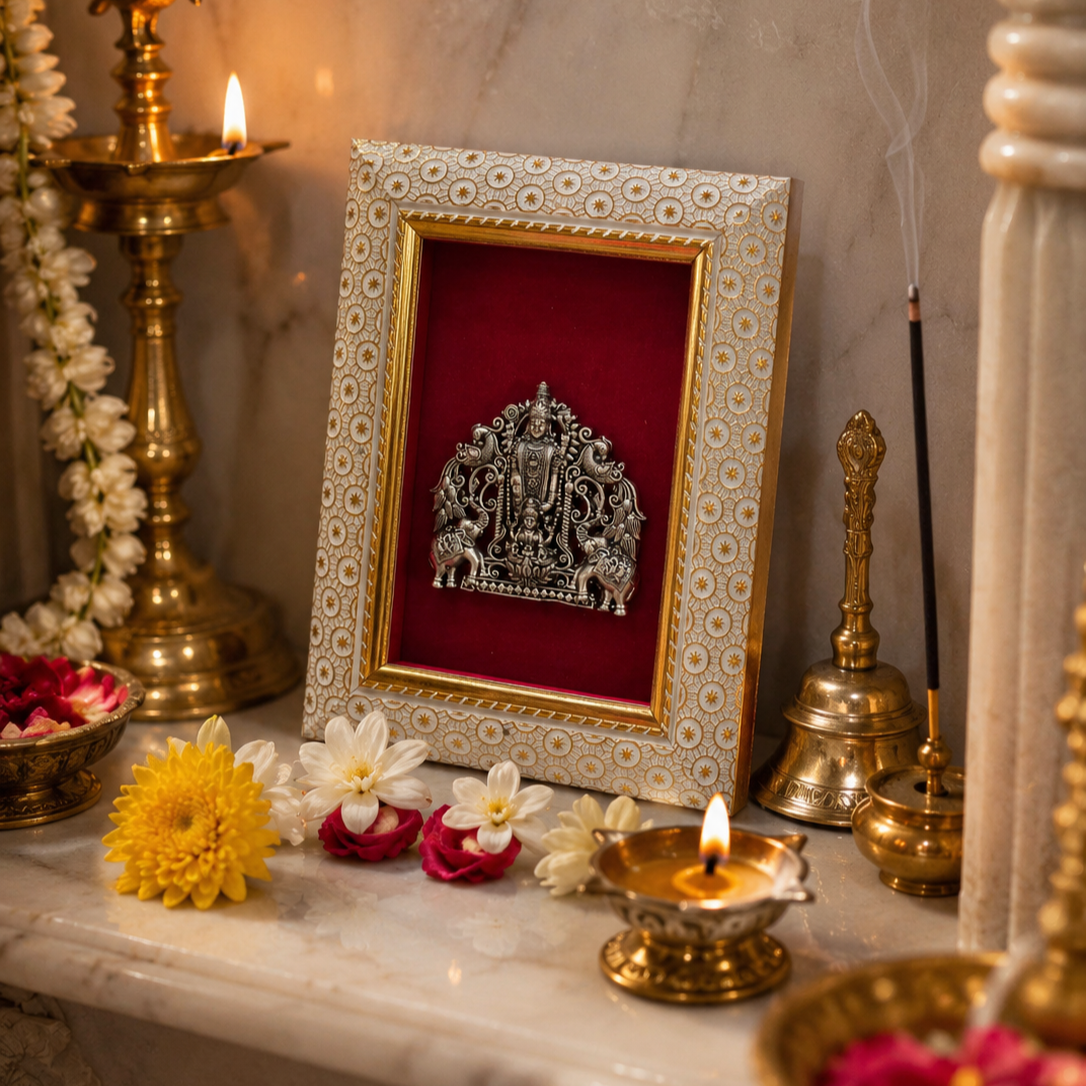 Lord Venkatesh With Maa Lakshmi Brass Idol Frame Silver Plated 8 x 6 inch