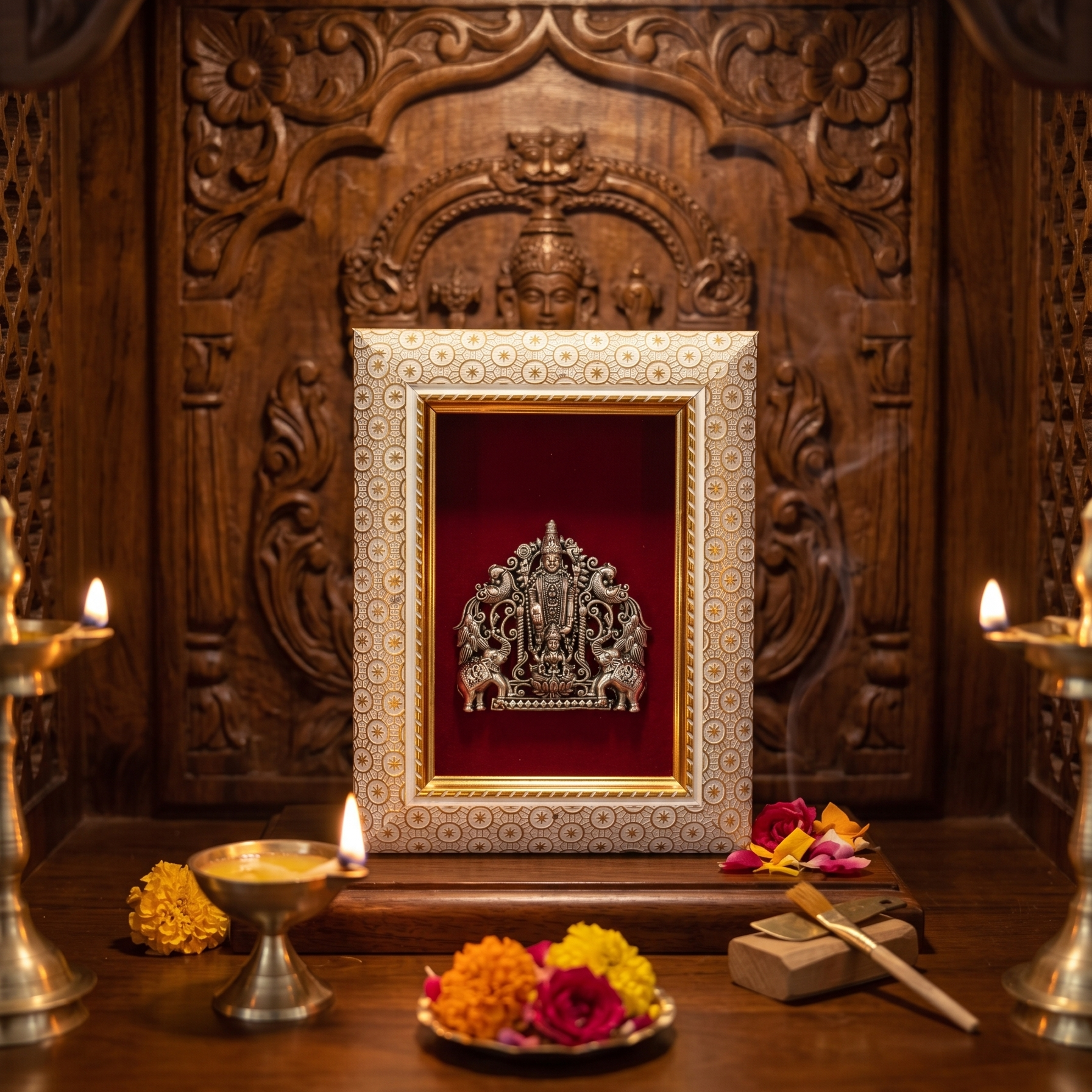 Lord Venkatesh With Maa Lakshmi Brass Idol Frame Silver Plated 8 x 6 inch