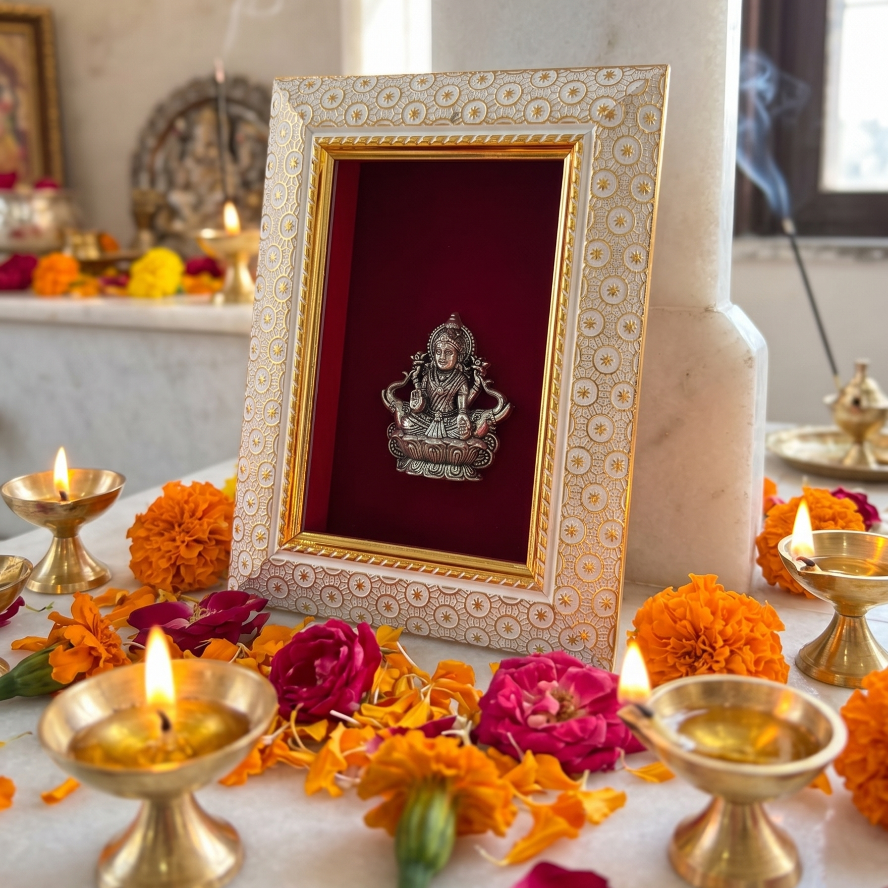 Maa Gaj Lakshmi Brass Idol Frame Silver Plated 8 x 6 inch