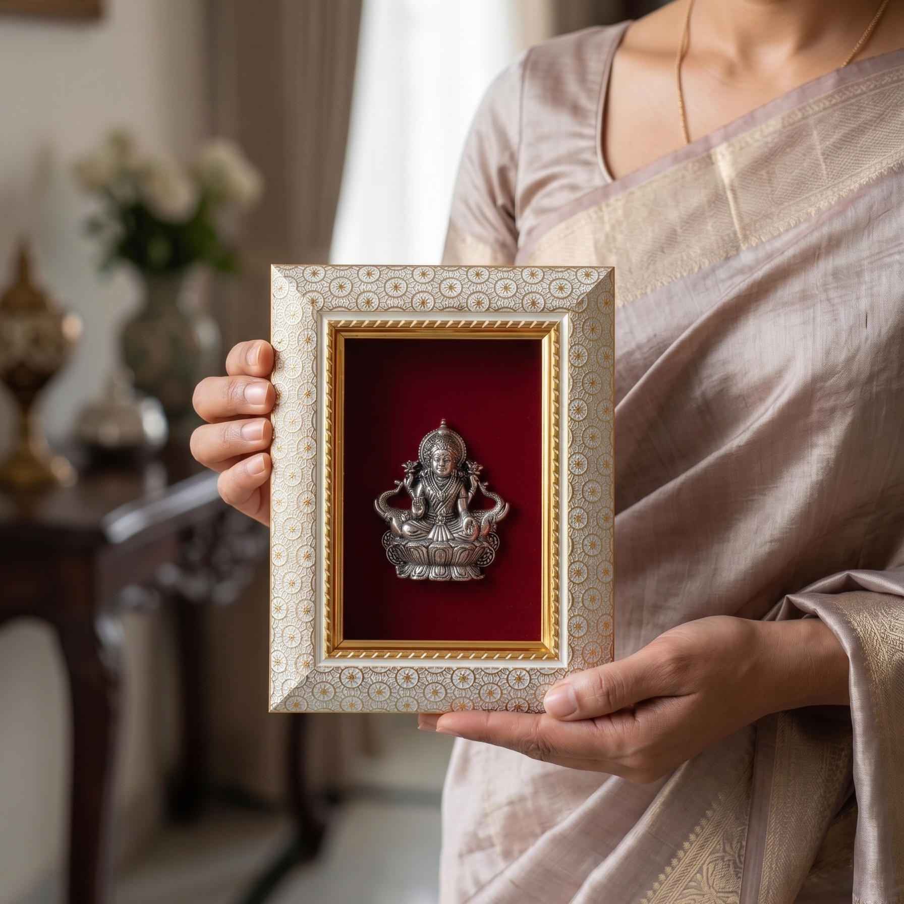 Maa Gaj Lakshmi Brass Idol Frame Silver Plated 8 x 6 inch