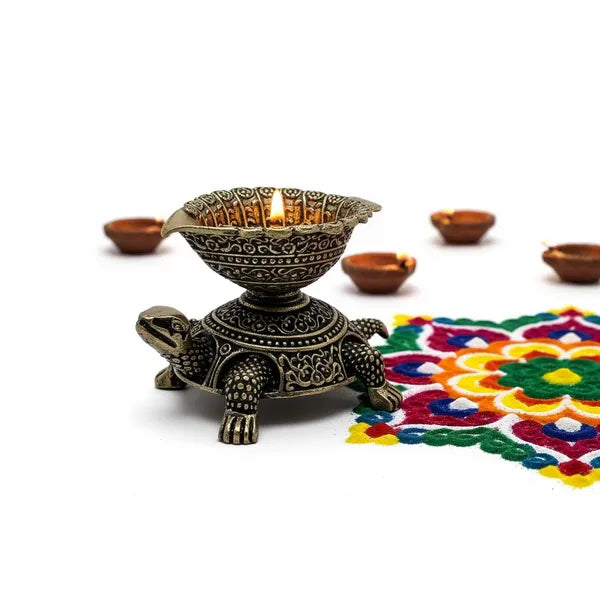 Brass Turtle Oil Lamp with Leaf-Shaped Bowl