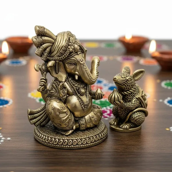Brass Lord Ganesha With Mouse Idol 12.7 cm