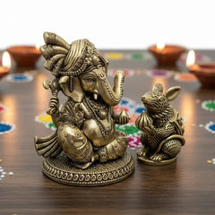 Brass Lord Ganesha With Mouse Idol 12.7 cm