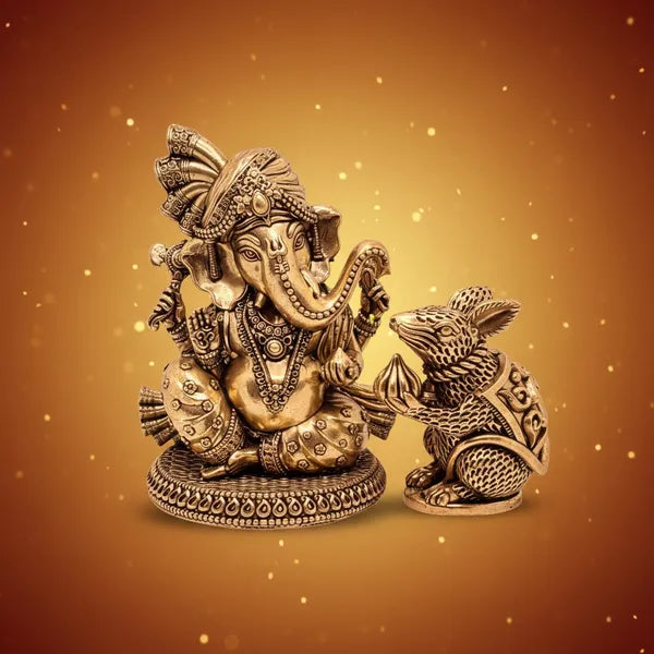 Brass Lord Ganesha With Mouse Idol 12.7 cm
