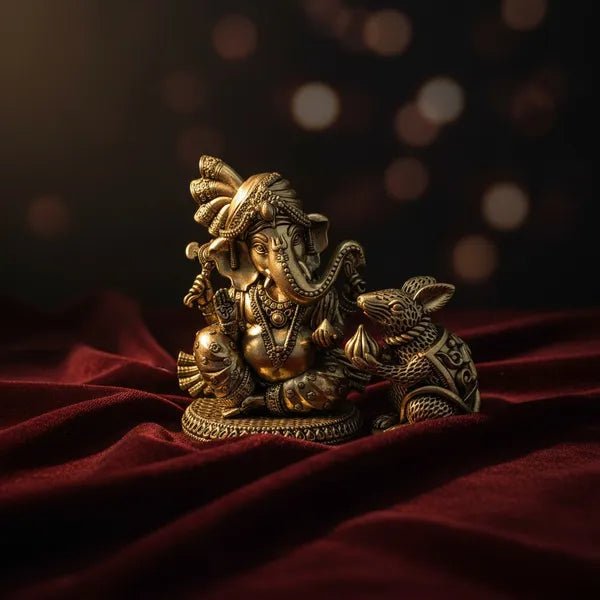 Brass Lord Ganesha With Mouse Idol 12.7 cm