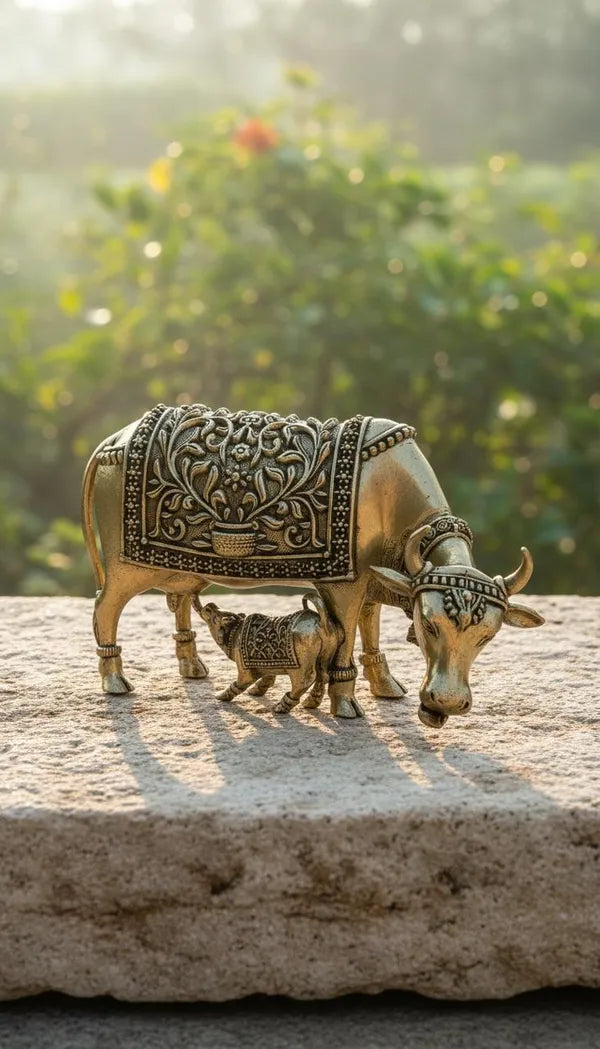 Brass Decorative Cow And Calf Figurine 7.6 cm