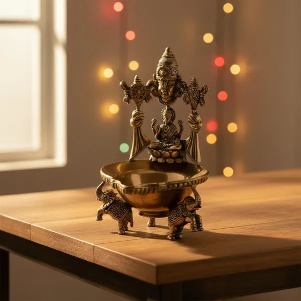 Brass Goddess Lakshmi Elephant Base Diya Oil Lamp 12.7 cm