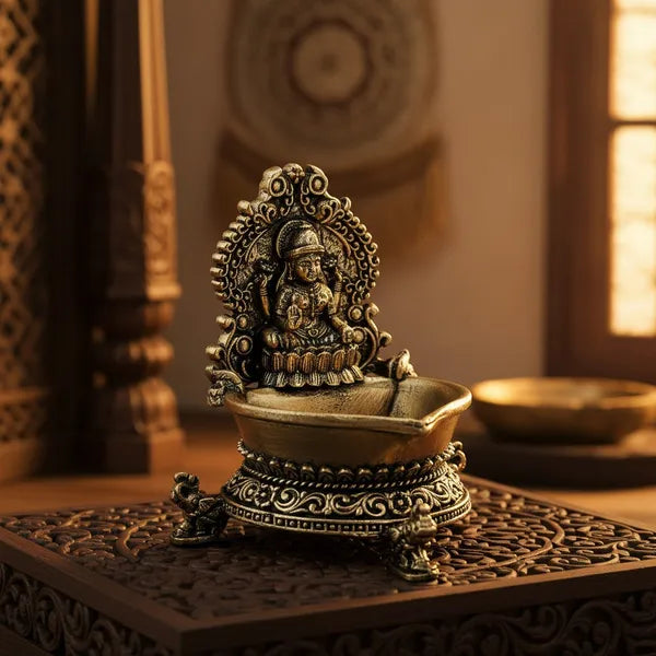Brass Goddess Lakshmi Diya with Ornate Prabhavali 7.6 cm