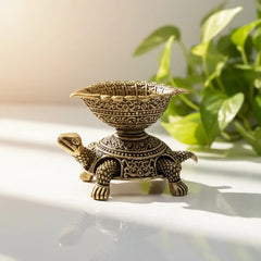 Brass Turtle Oil Lamp with Leaf-Shaped Bowl