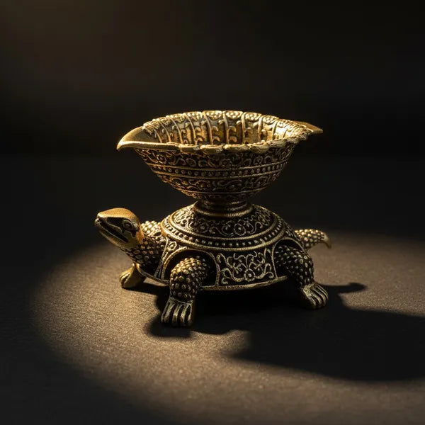 Brass Turtle Oil Lamp with Leaf-Shaped Bowl