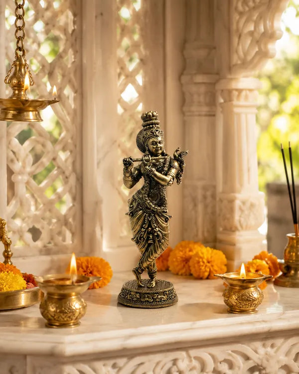 Brass Lord Krishna Playing Flute Idol 15.2 cm
