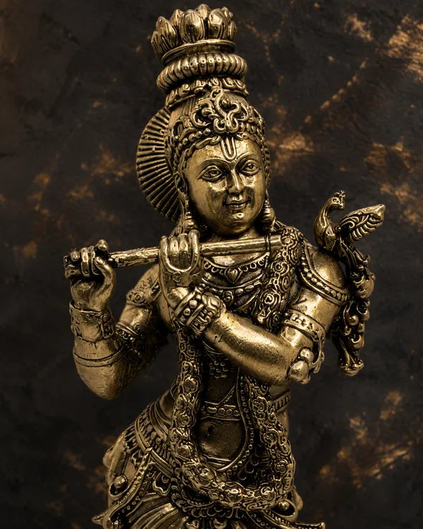 Brass Lord Krishna Playing Flute Idol 15.2 cm