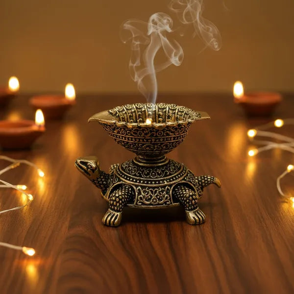 Brass Turtle Oil Lamp with Leaf-Shaped Bowl