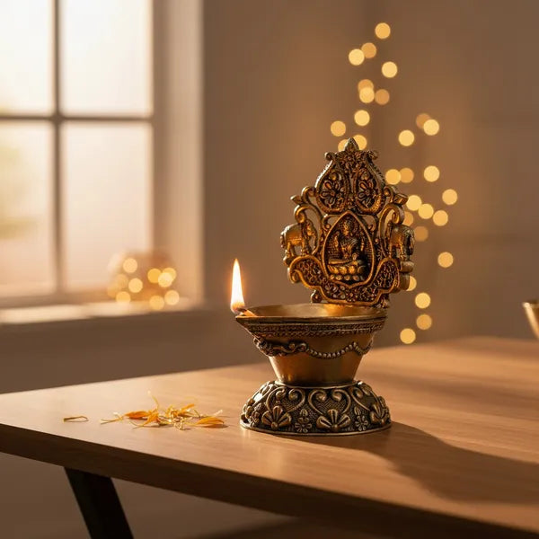 Brass Antique Finish Diya with Decorative Backplate