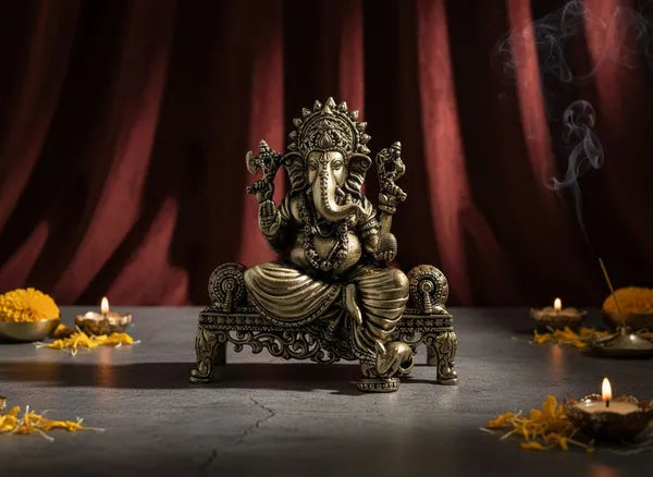 Brass Lord Ganesha Seated On Throne Idol 7.6 cm