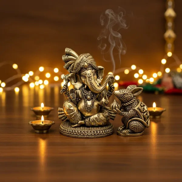 Brass Lord Ganesha With Mouse Idol 12.7 cm