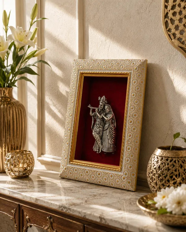 Radha Krishna Brass Idol Frame 20.3x15.2 cm