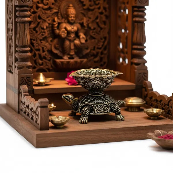 Brass Turtle Oil Lamp with Leaf-Shaped Bowl
