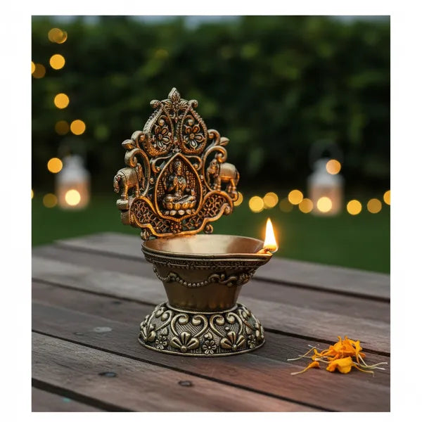 Brass Antique Finish Diya with Decorative Backplate