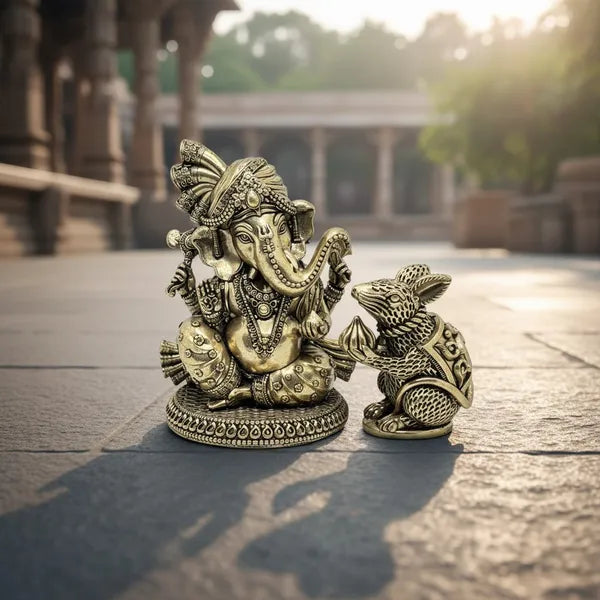 Brass Lord Ganesha With Mouse Idol 12.7 cm