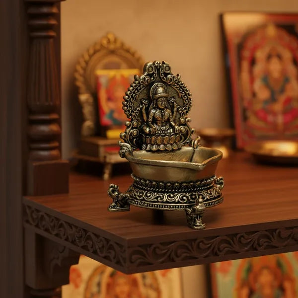 Brass Goddess Lakshmi Diya with Ornate Prabhavali 7.6 cm