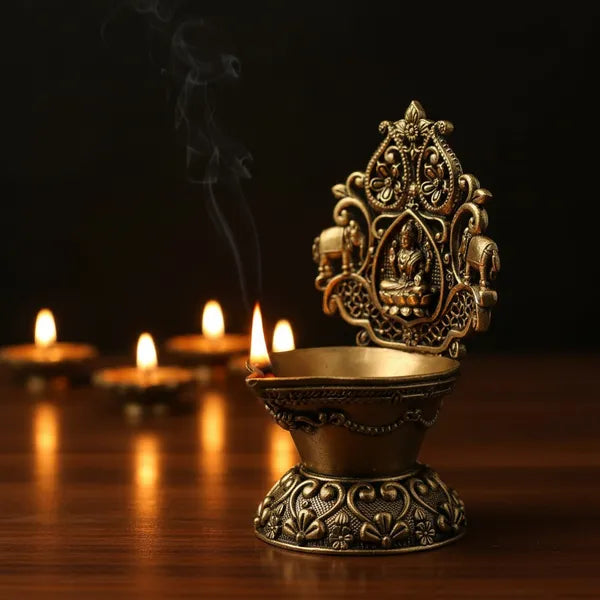 Brass Antique Finish Diya with Decorative Backplate
