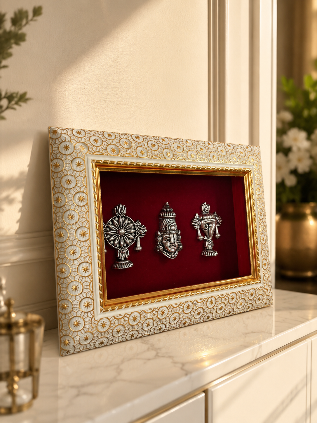 Lord Venkatesh With Shankh and Chakra Brass Idol Frame Silver Plated 8 x 6 inch