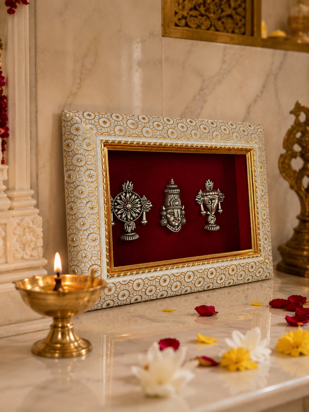 Lord Venkatesh With Shankh and Chakra Brass Idol Frame Silver Plated 8 x 6 inch