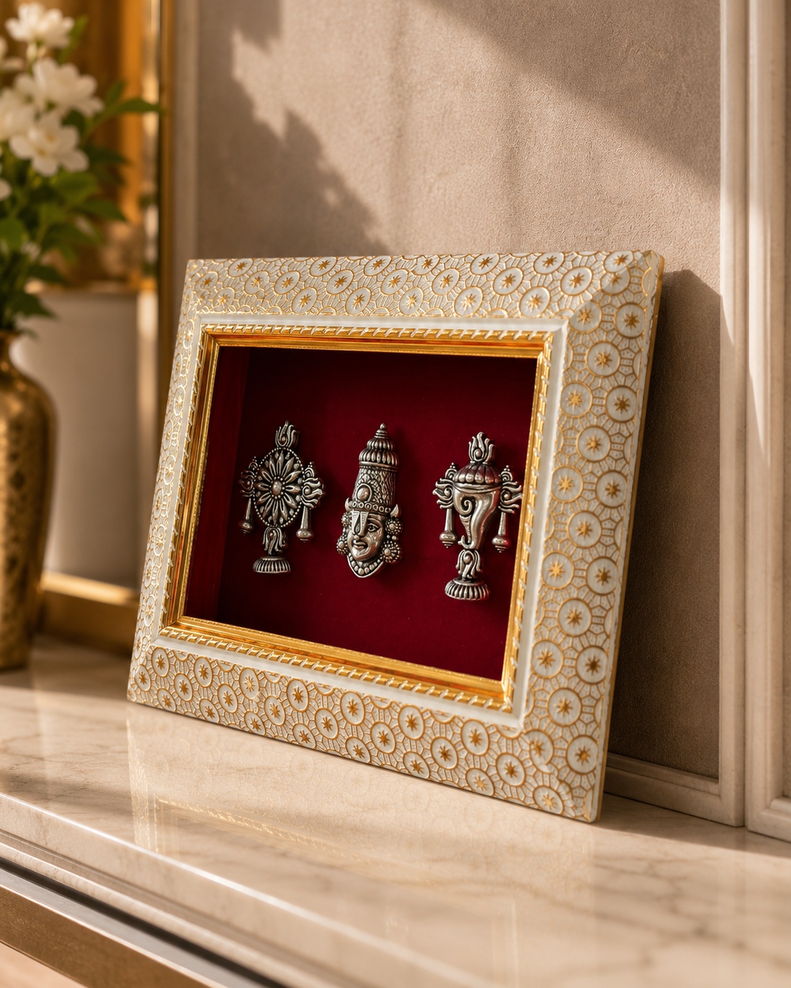 Lord Venkatesh With Shankh and Chakra Brass Idol Frame Silver Plated 8 x 6 inch