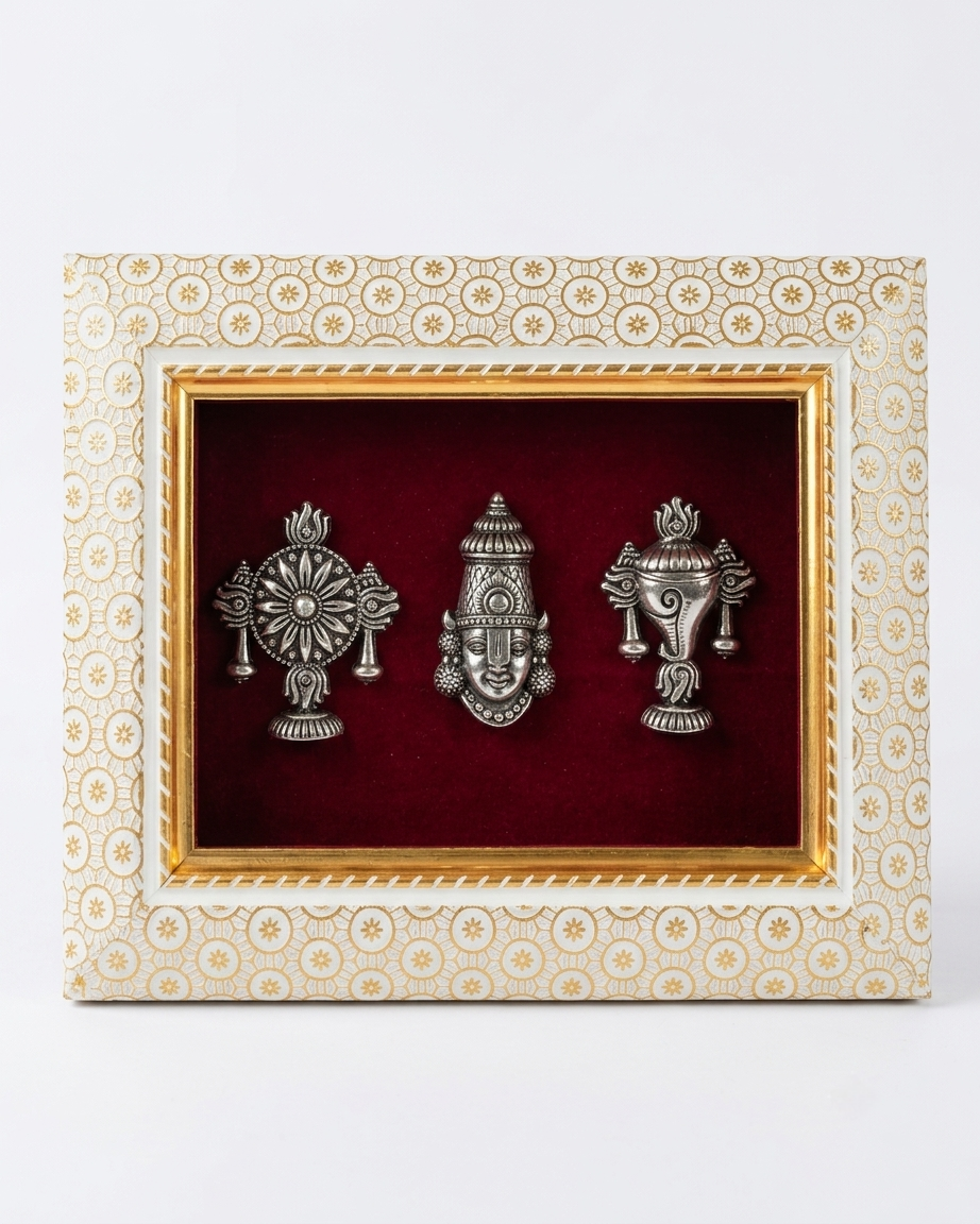 Lord Venkatesh With Shankh and Chakra Brass Idol Frame Silver Plated 8 x 6 inch