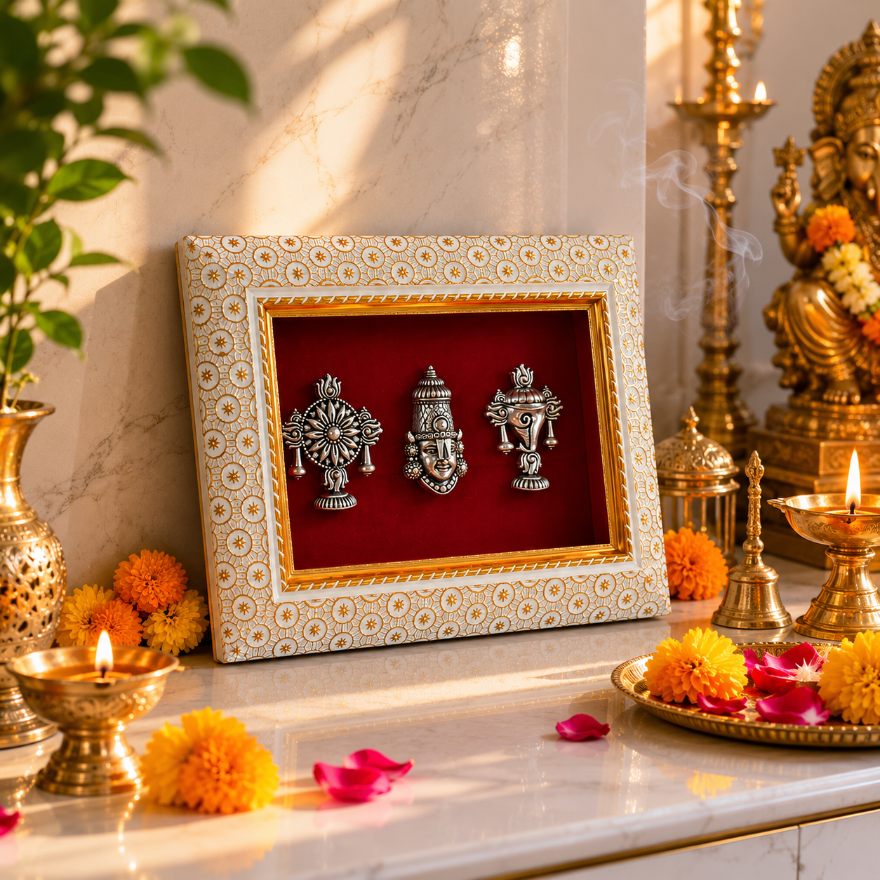 Lord Venkatesh With Shankh and Chakra Brass Idol Frame Silver Plated 8 x 6 inch
