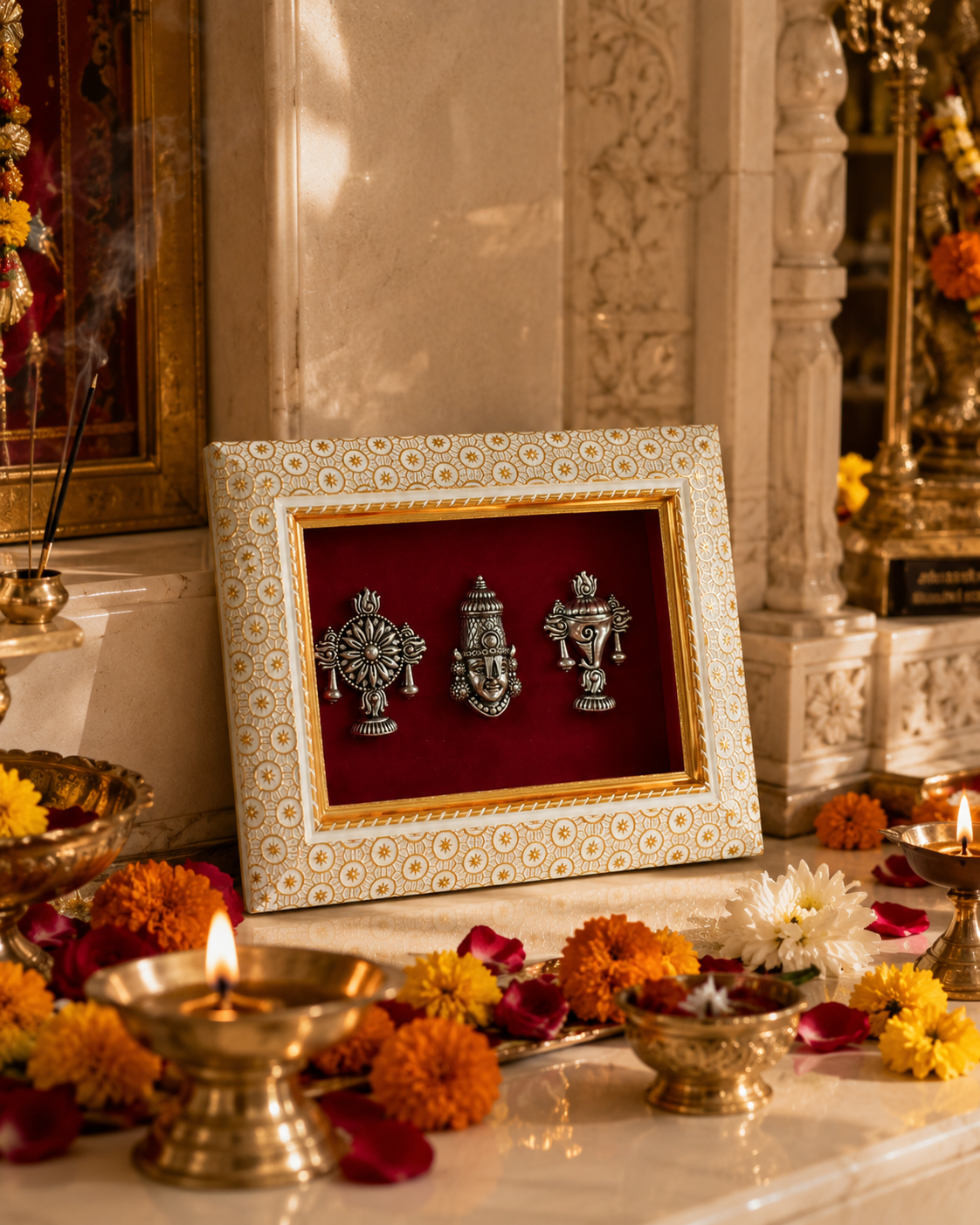 Lord Venkatesh With Shankh and Chakra Brass Idol Frame Silver Plated 8 x 6 inch