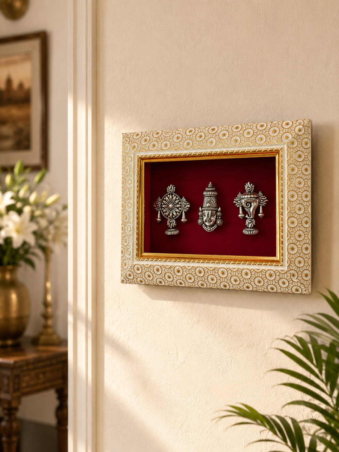 Lord Venkatesh With Shankh and Chakra Brass Idol Frame Silver Plated 8 x 6 inch