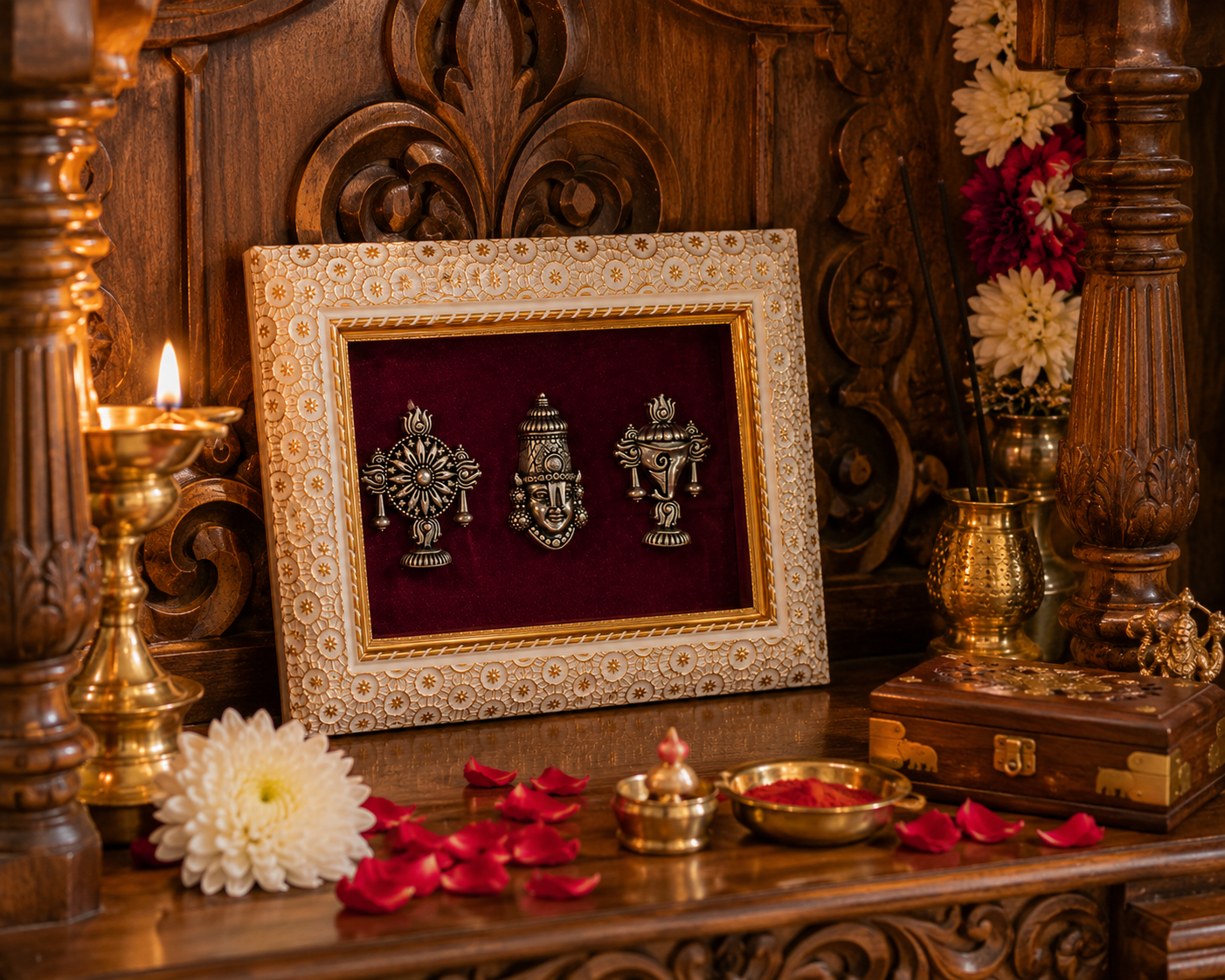 Lord Venkatesh With Shankh and Chakra Brass Idol Frame Silver Plated 8 x 6 inch
