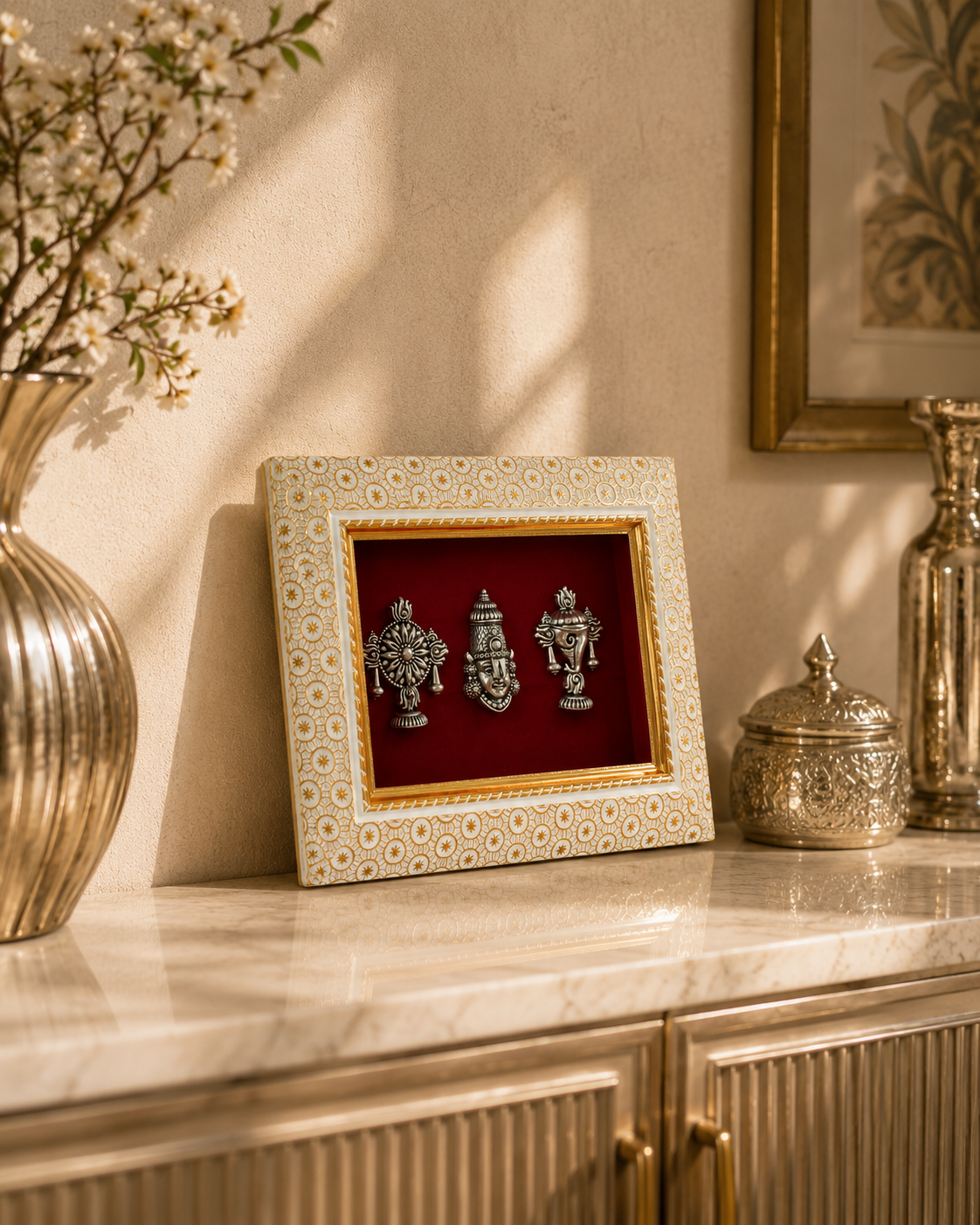 Lord Venkatesh With Shankh and Chakra Brass Idol Frame Silver Plated 8 x 6 inch
