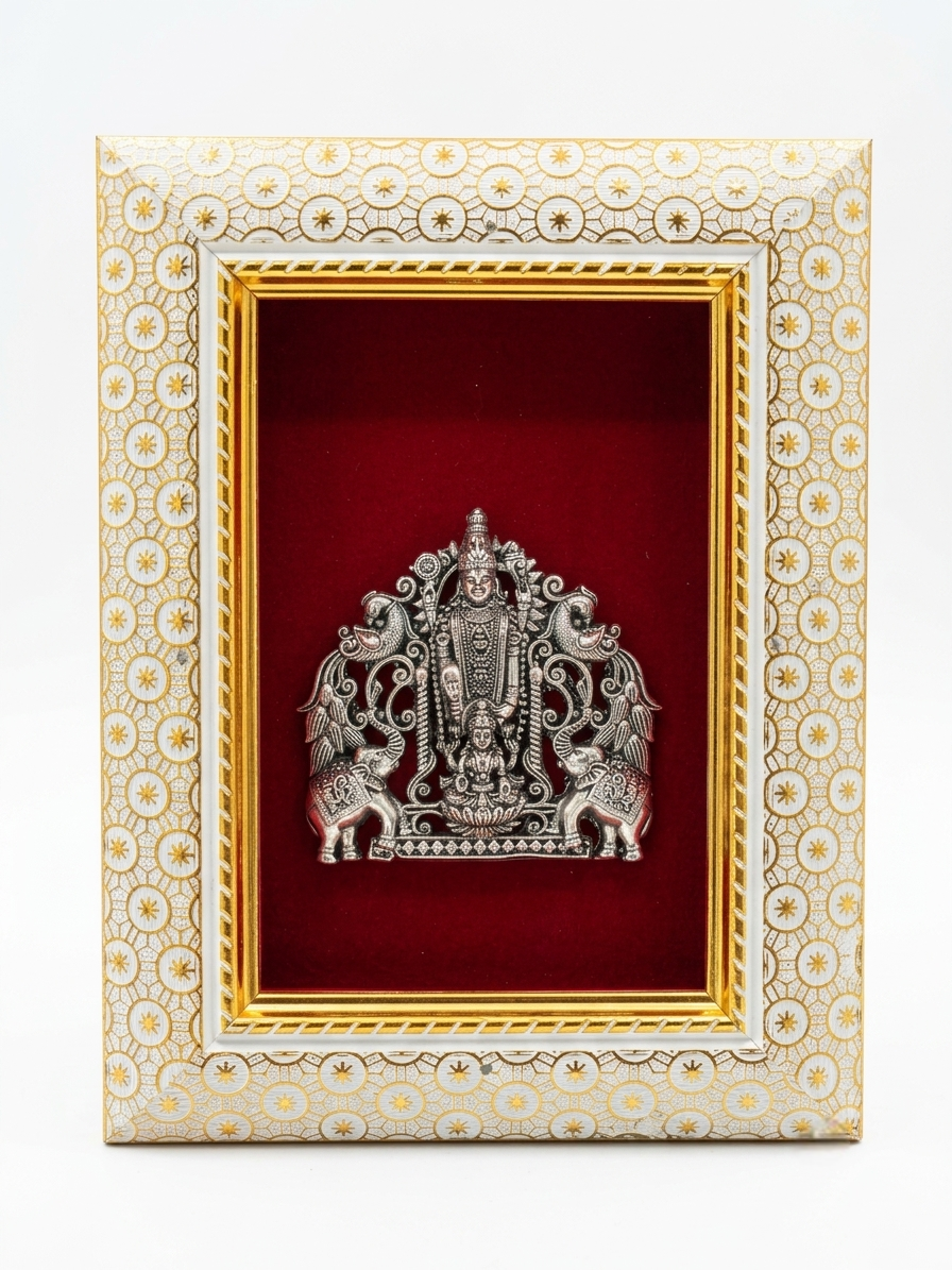 Lord Venkatesh With Maa Lakshmi Brass Idol Frame Silver Plated 8 x 6 inch
