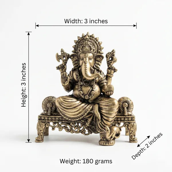 Brass Lord Ganesha Seated On Throne Idol 7.6 cm
