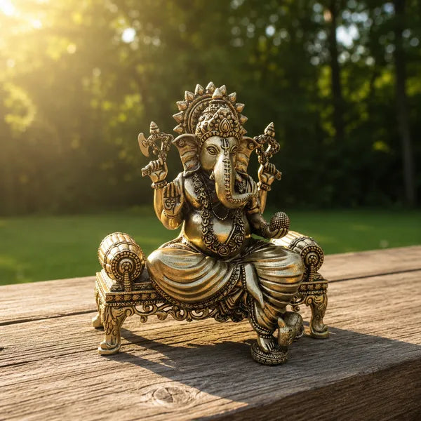 Brass Lord Ganesha Seated On Throne Idol 7.6 cm